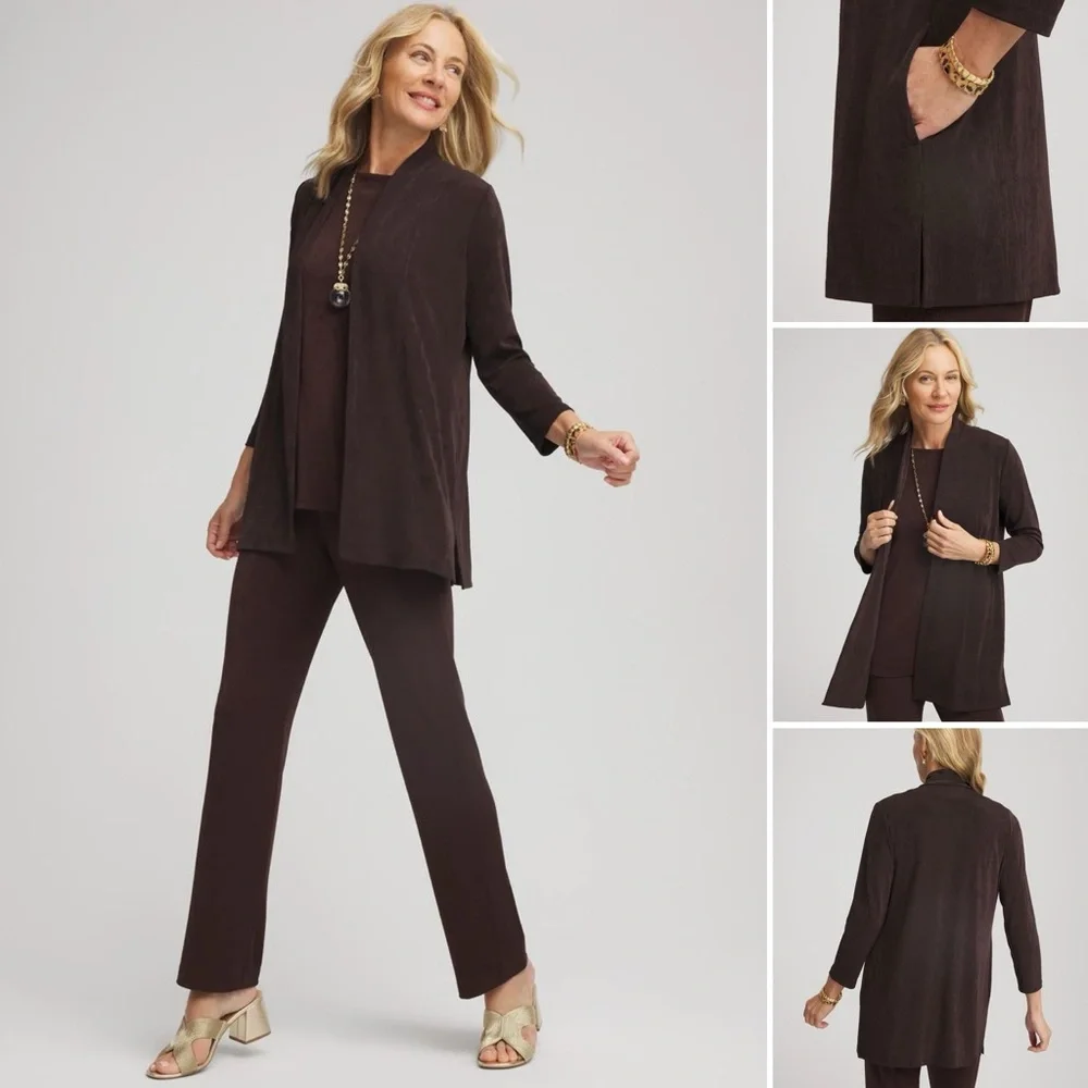 Chico’s Travelers Classic Long Knit Jacket Open Front Pockets Bracelet Sleeves